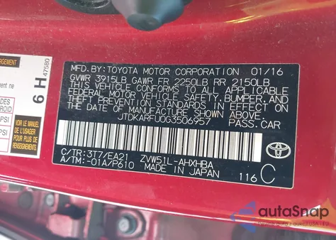 2016 Toyota Prius Four Touring from USA, damaged, VIN JTDKARFU0G3506957